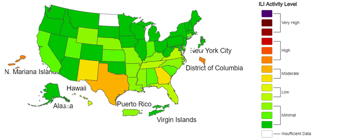 Note: This system monitors visits for respiratory illness that includes fever plus a cough or sore throat, also referred to as ILI, not laboratory confirmed influenza and may capture patient visits due to other respiratory pathogens that cause similar symptoms.